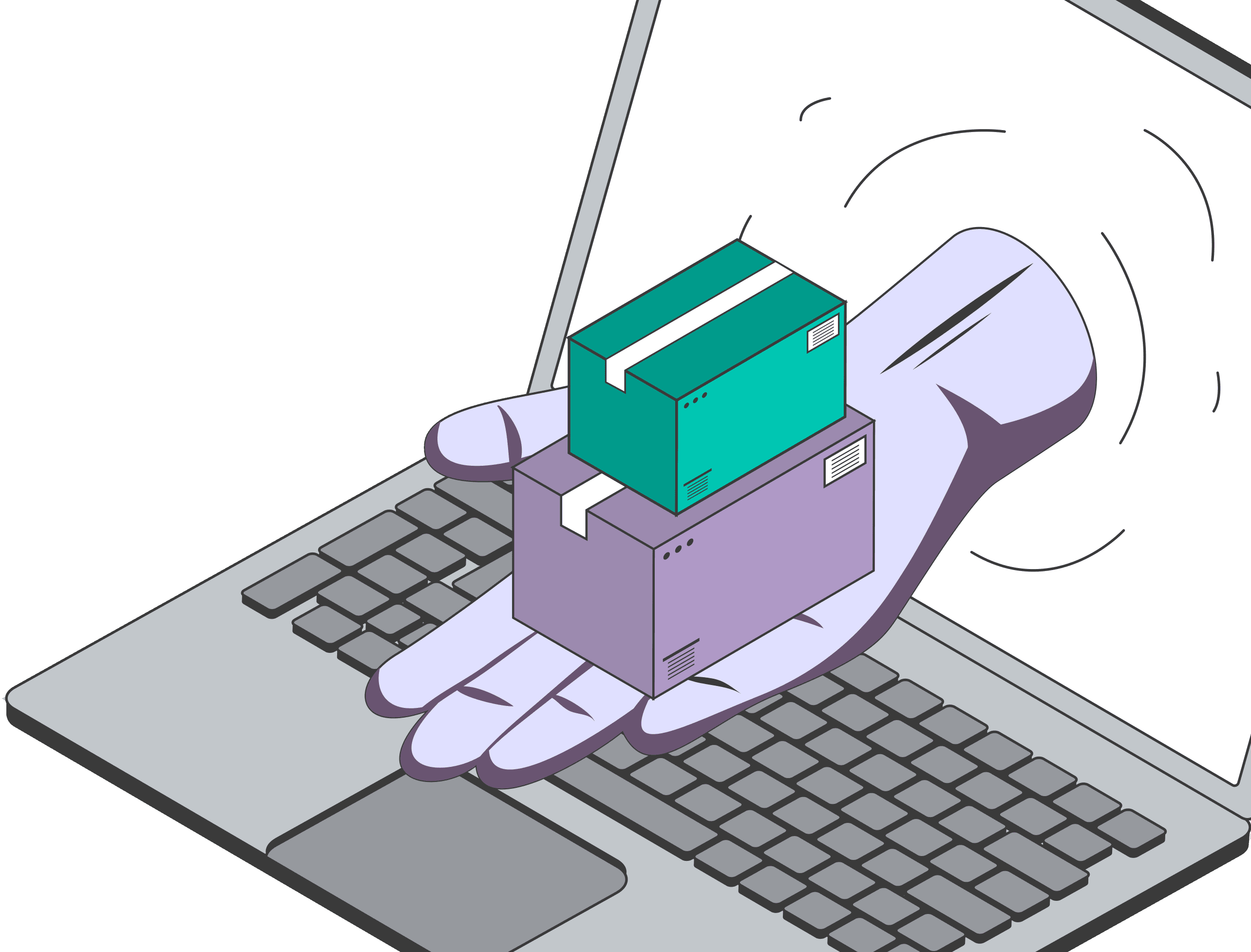 Illustratie van een hand die uit een laptop komt met pakketten erop